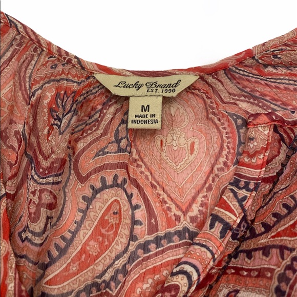 Lucky Brand red pink paisley printed sheer peasant blouse - Picture 3 of 8